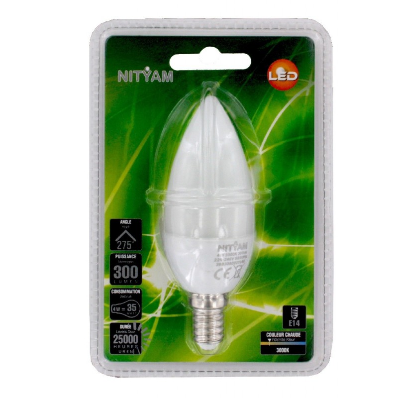 Lampe LED 4W flamme E14 blanc chaud 3000K 300lm 230V NITYAM LDF-4W-924