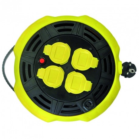 Enrouleur electrique 10m avec 4 prises 2P+T 16A cable H05VVF 3G1.5mm² cassette jaune/noir PROTEC CASSETTEREEL