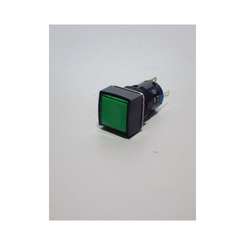 Bouton poussoir lumineux vert carré Ø 16mm monobloc à impulsion