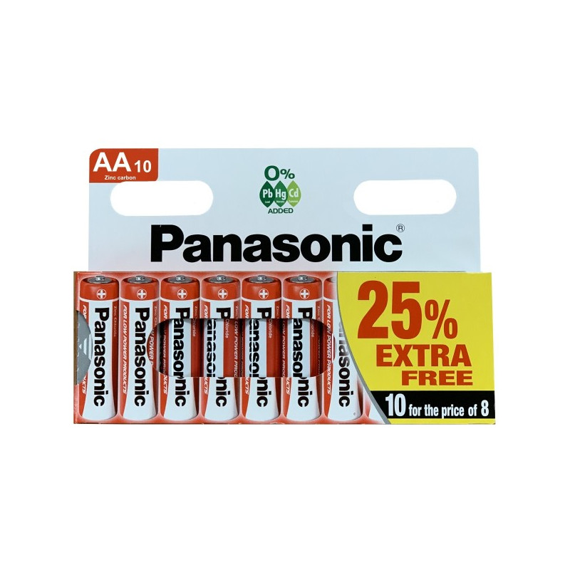 10 piles LR06 AA 1.5V (8+2 gratuites) Saline Zinc Carbon Panasonic
