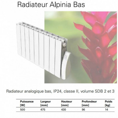 Radiateur electrique 500W fluide caloporteur horiz bas Alpinia ALP05B